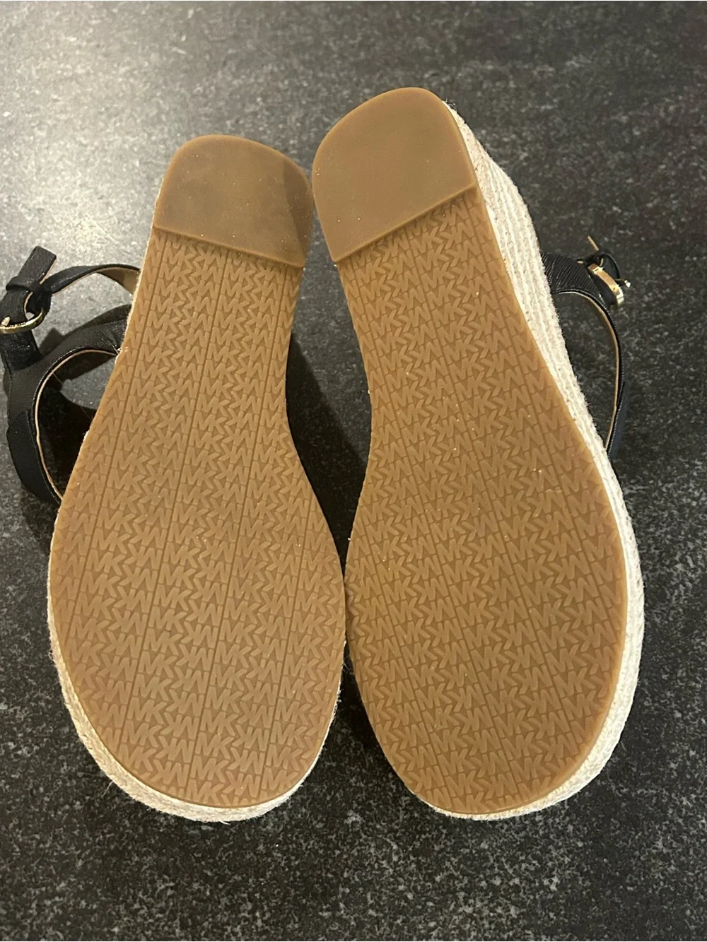 Michael Kors Black and Brown MK Espadrille Wedge Sandals